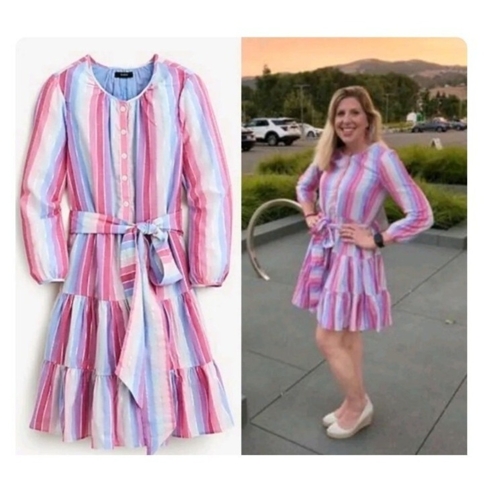J. Crew Pastel Stripe Belted Button Up Dress Womens Waist Tie Womens Short XL